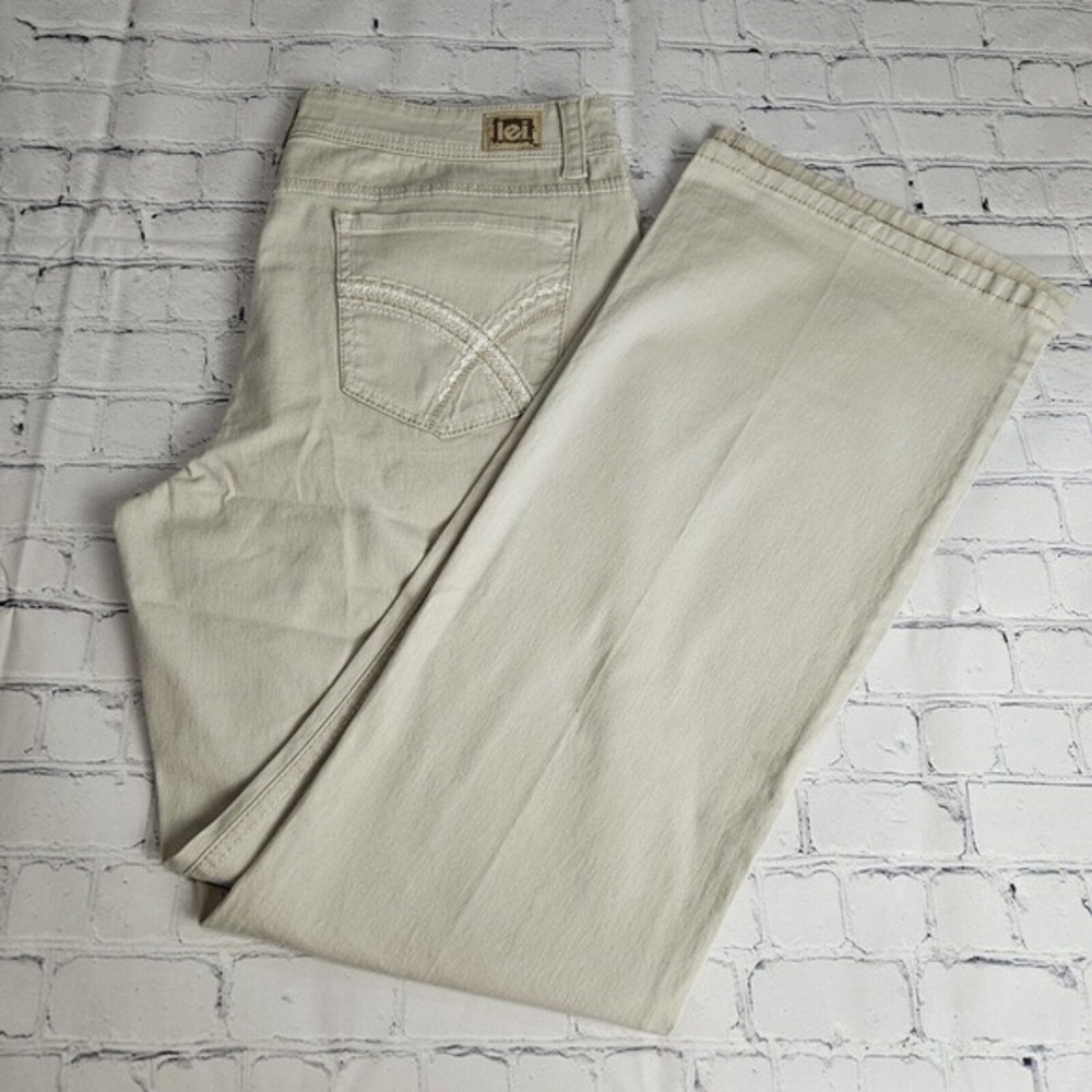 LEI Jeans Juniors 15 Regular Sophia Hipster Flare Ivory Stretch Logo Embroidered